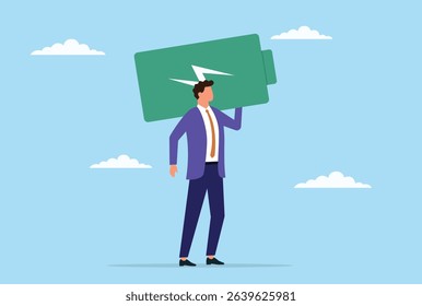 Vector illustration of a businessman standing with a battery on his shoulder, symbolizing energy, motivation, resilience, and the drive to power through professional challenges

