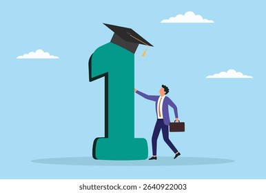 Vector illustration of a businessman standing beside a 1st place award and graduation cap, representing the achievement of educational success and professional excellence
