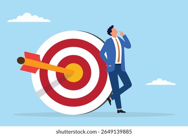 Ilustração vetorial de um homem de negócios ao lado de um símbolo de alvo gigante, representando foco, clareza de objetivos e determinação para alcançar o sucesso no crescimento empresarial e profissional
