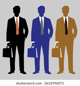 A vector illustration of a businessman standing confidently in a professional posture, ideal for corporate and business-themed designs Black Blue Orange