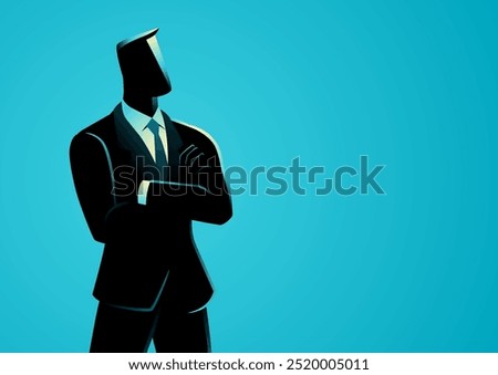 Vector illustration of a businessman standing confidently with his arms crossed, one third composition with copyspace