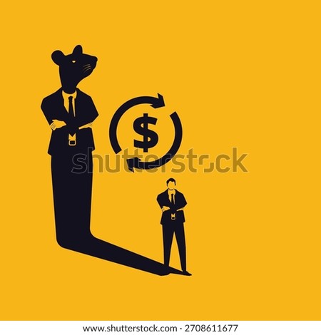 Vector illustration of a businessman standing confidently while his shadow reveals the silhouette of a rat-headed figure, symbolizing corruption, greed, dishonesty, or unethical business practices