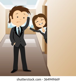 Vector illustration. Businessman standing in a corridor office and scratching his head.