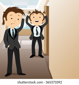 Vector illustration. Businessman standing in a corridor office and scratching his head.