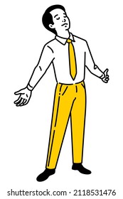 Vector illustration of businessman standing, feeling relaxed with breathing fresh air. Outline, linear, thin line art, hand drawn sketch, cute character, simple design. 