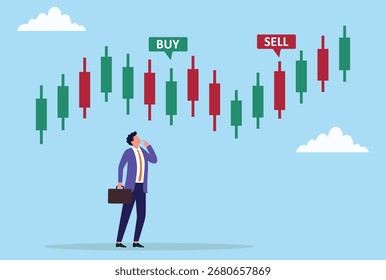 Vector illustration of a businessman standing in front of candlestick chart with buy and sell signals, symbolizing stock trading, market analysis and investment decision
