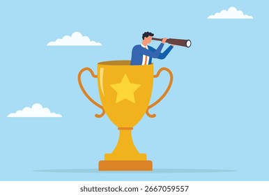 Ilustración vectorial de un hombre de negocios de pie dentro de un trofeo de oro y mirando a través de un telescopio, que simboliza la visión, las oportunidades futuras, el éxito, los logros y el liderazgo
