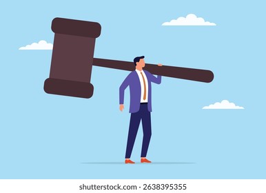 Vector illustration of a businessman standing with a judge's hammer on his shoulder, symbolizing the understanding of legal responsibility, authority, ethical leadership
