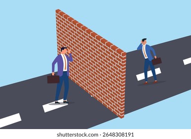 Vector illustration of a businessman standing near a wall and shouting, while another businessman listens from the other side, representing communication across a barrier or divide
