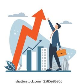 A vector illustration of a businessman standing next to a large upward arrow.