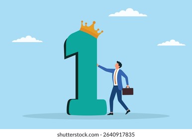 Vector illustration of a businessman standing next to a 1st place award and crown, symbolizing success, leadership, achievement, and recognition in a professional setting
