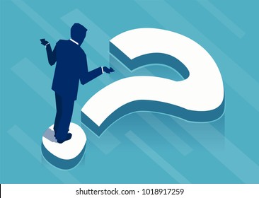 Vector illustration of businessman standing on question mark in perplexion.