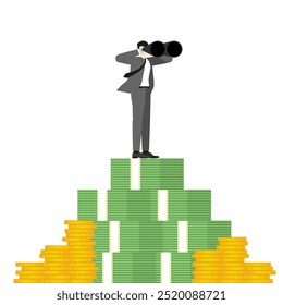 Ilustración vectorial de un hombre de negocios de pie sobre una pila de billetes y monedas, utilizando binoculares para visualizar y el éxito financiero. Crecimiento futuro y oportunidades.