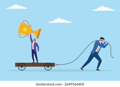 Vector illustration of a businessman standing on a trolley holding a trophy, being pulled by another businessman with a rope, symbolizing teamwork, leadership, and shared victory
