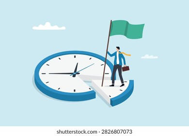 Vector illustration of a businessman standing on sliced clock holding a flag, symbolizing time management, productivity and achieving business goals.
