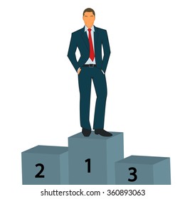 Vector illustration of businessman standing on the winning podium 