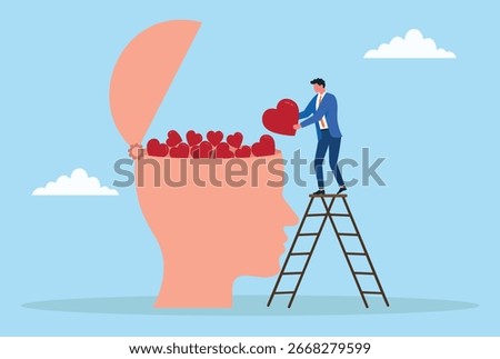 Vector illustration of a businessman standing on a ladder placing red hearts inside an open human head, symbolizing love, empathy, kindness, emotional intelligence, and care
