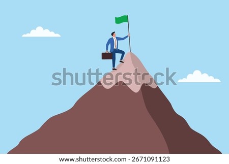 Vector illustration of a businessman standing on a mountain peak holding a flag, symbolizing achievement, success, leadership, career growth, and reaching goals
