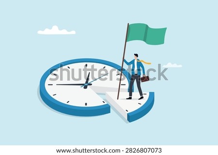 Vector illustration of a businessman standing on sliced clock holding a flag, symbolizing time management, productivity and achieving business goals.