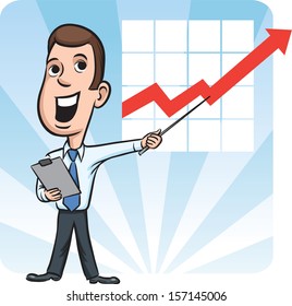 Vector illustration of businessman standing pointing at chart. Easy-edit layered vector EPS10 file scalable to any size without quality loss. High resolution raster JPG file is included.