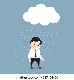 Vector illustration of  a businessman standing in the rain under a cloud. Flat design