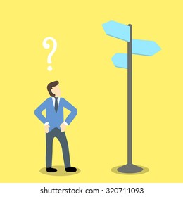 vector illustration of businessman standing under direction sign with question mark above his head. 