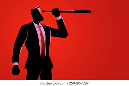 Ilustración vectorial de un hombre de negocios de pie y usando un telescopio, que simboliza la visión, la estrategia, la planificación y la visión de futuro