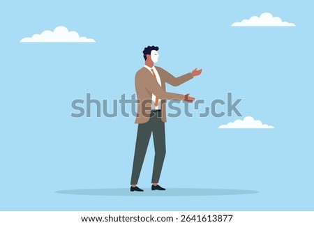 Vector illustration of a businessman standing while wearing a scam mask, representing dishonesty, deception, and the hidden dangers of fraud in the corporate world
