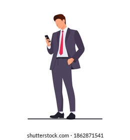 Vector Illustration Of A Businessman Staring At The Cell Phone Screen He Is Holding. While One Hand Is Inserted Into The Pocket Of The Pants. White Background