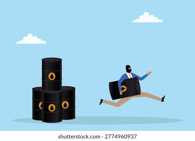 Vector illustration of a businessman stealing and running away with an oil barrel representing crisis in the oil market and global energy supply disruption
