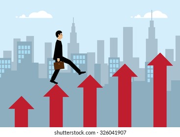 A vector illustration of a businessman, stepping up red columns of arrows with a cityscape behind him. A metaphor on business success.