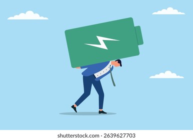 Vector illustration of a businessman struggling to carry a huge battery on his back, representing burnout, fatigue, and the burden of maintaining energy in professional life
