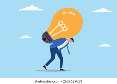 Vector illustration of a businessman struggling to carry a huge light bulb on his back, representing the burden of big ideas, creative pressure, and the challenges of innovation
