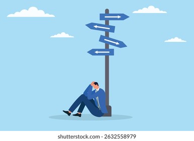 A vector illustration of a businessman struggling with frustration, uncertainty as he faces the challenge of choosing the right path in his career and life decisions

