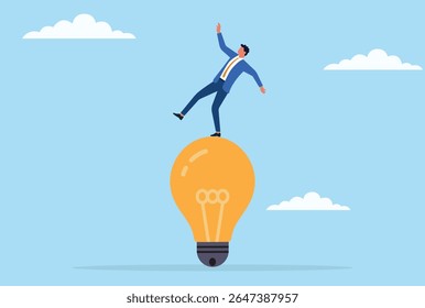 Vector illustration of a businessman struggling to maintain balance while standing on a giant light bulb, symbolizing the challenges of sustaining ideas and innovation in business
