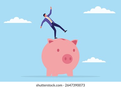 Ilustração vetorial de um homem de negócios lutando para manter o equilíbrio enquanto está em um banco gigante, simbolizando incerteza financeira, risco de investimento e pressão econômica
