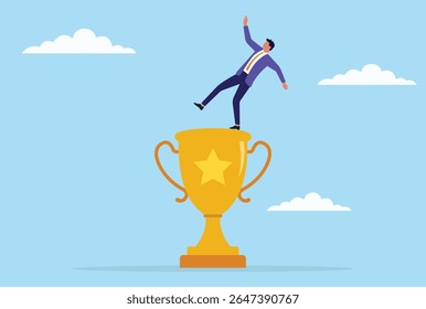 Ilustração vetorial de um homem de negócios lutando para manter o equilíbrio enquanto está em um troféu de ouro gigante, representando a pressão do sucesso e o desafio de permanecer no topo
