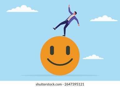 Ilustração vetorial de um homem de negócios lutando para manter o equilíbrio enquanto está sobre um ícone gigante feliz, simbolizando o desafio de manter a positividade e a satisfação do cliente
