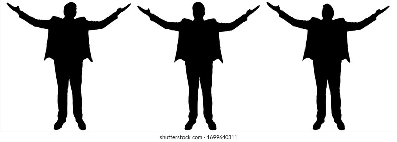 Vector Illustration Businessman In A Suit With Both Hands Outstretched. Sport Exercises. The Joy Of The Goal Achieved. Successful Business. Success. Black Silhouette On A White Isolated Background.