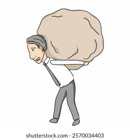 vector illustration of businessman in suit carrying a big rock on his back, businessman has a big burden of responsibility, isolated on white background