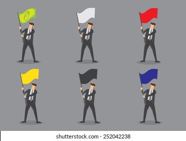 Vector illustration of businessman in suit and necktie carrying blank color flag with copy space. Set of six cartoon character isolated on grey background