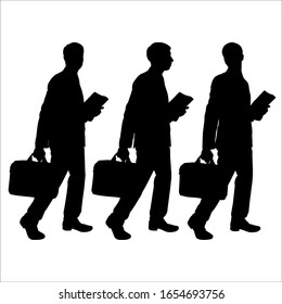 Vector illustration businessman in suit with suitcase and folder in her hands. Men takes a step in line. Office worker in various poses. Set of black business characters isolated on white background.