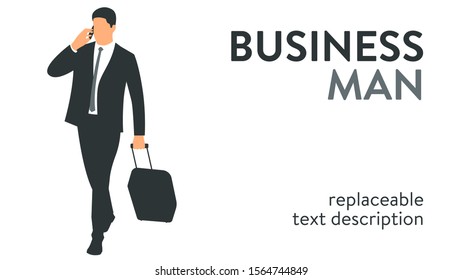 Vector illustration of a businessman in a suit travelling with a suitcase on wheels. Poster with text placeholder and description