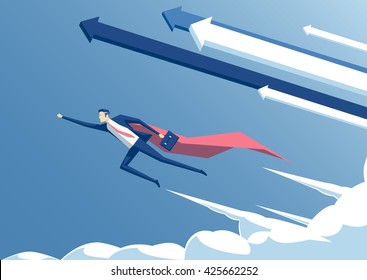 vector illustration businessman superhero or super employee flying in the sky with arrows and clouds, business concept success and professionalism