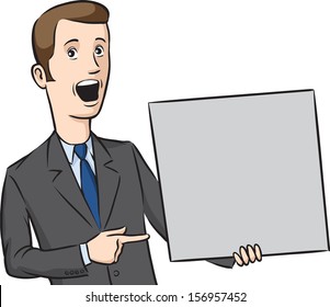 Vector illustration of businessman surprised pointing at blank placard. Easy-edit layered vector EPS10 file scalable to any size without quality loss. High resolution raster JPG file is included.