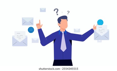 A vector illustration of a businessman surrounded by envelopes and question marks, symbolizing email overload and decision-making challenges. A clean, professional design ideal for business or communi
