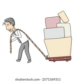 vector illustration of businessman sweating while pulling empty cart, man with heavy burden responsible pulling red cart, isolated on white background