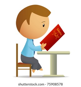 Vector illustration. Businessman at the table with menu