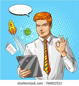 Vector illustration of businessman with tablet showing ok hand sign in retro pop art comic style.