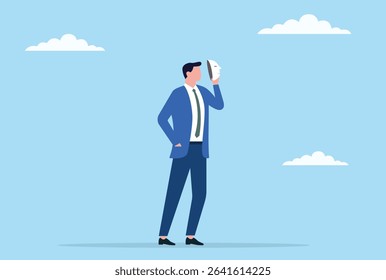 Vector illustration of a businessman taking off his mask, symbolizing the unveiling of true identity, embracing honesty, transparency, and authenticity in the professional world
